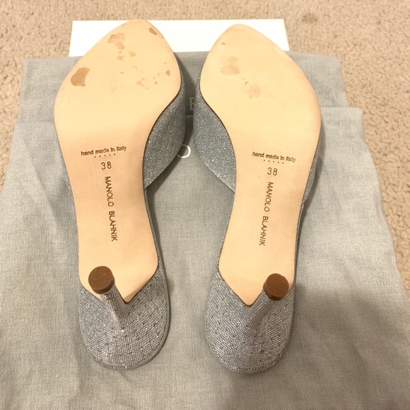 SOLD:Manolo Blahnik Hangisi Mules Silver Fabric 70 - Picture 2 of 6